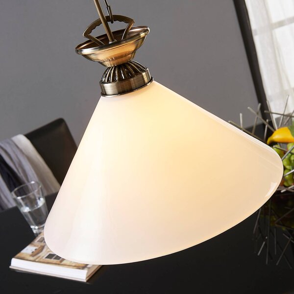 Lindby Otis függőlámpa, Ø 30 cm, fehér, üveg, kúp, E27, dimmelhető, Bronz / antik sárgaréz, Konyha, Üveg, Antik