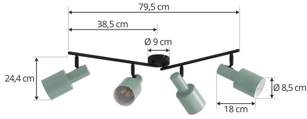 Lindby mennyezeti spotlámpa Ovelia, zöld, 80 cm, 4 lámpás, E27, dimmelhető, Fekete, Nappali / Étkező, fém, Modern
