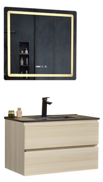 HD HongKong Sonoma 80 komplett fürdőszoba bútor fali mosdószekrénnyel, fekete slim mosdóval és tükörrel