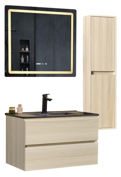 HD HongKong Sonoma 80 komplett fürdőszoba bútor szett fali mosdószekrénnyel, fekete slim mosdóval, tükörrel és magas szekrénnyel