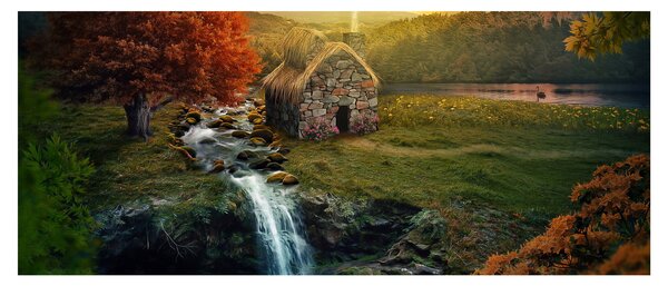 Egy ház képe egy mesebeli tájban (120x50 cm)