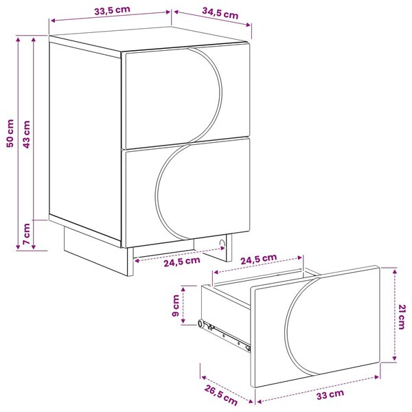 VidaXL Éjjeliszekrény 2 db Magasfényű Fehér 33,5 x 34,5 x 50 cm