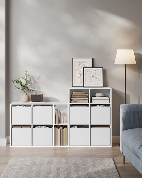 SONGMICS 6 rekeszes polcrendszer, 4 textilfiókkal, forgácslap és MDF, 27x83x62 cm, fehér