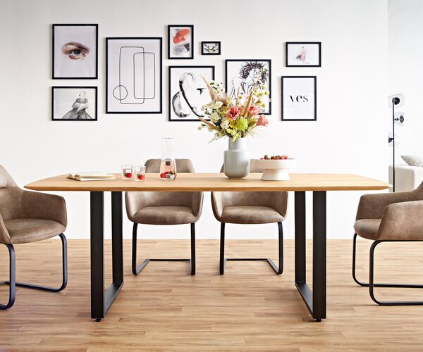 DELIFE Étkezőasztal Edge hajóformájú 200x100x2,5-3 tölgy természetes fekete vékony lábazat svájci él