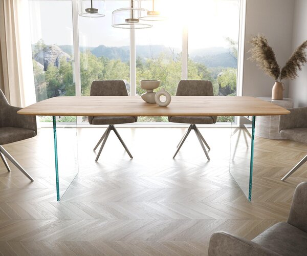 DELIFE Étkezőasztal Edge hajóformájú 200x100x2,5-3 cm tölgy természetes üveg svájci él