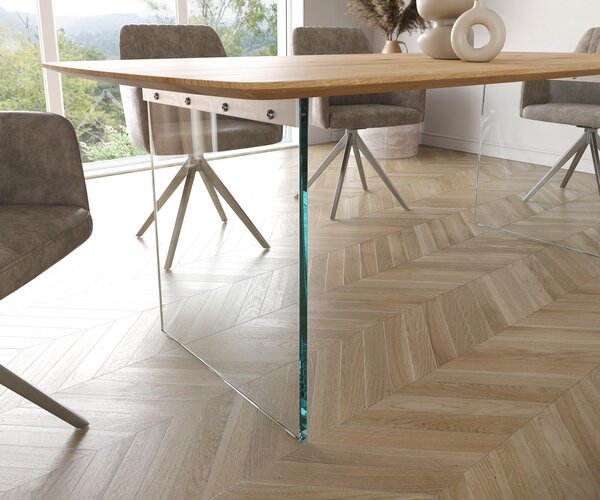 DELIFE Étkezőasztal Edge hajóformájú 200x100x2,5-3 cm tölgy természetes üveg svájci él