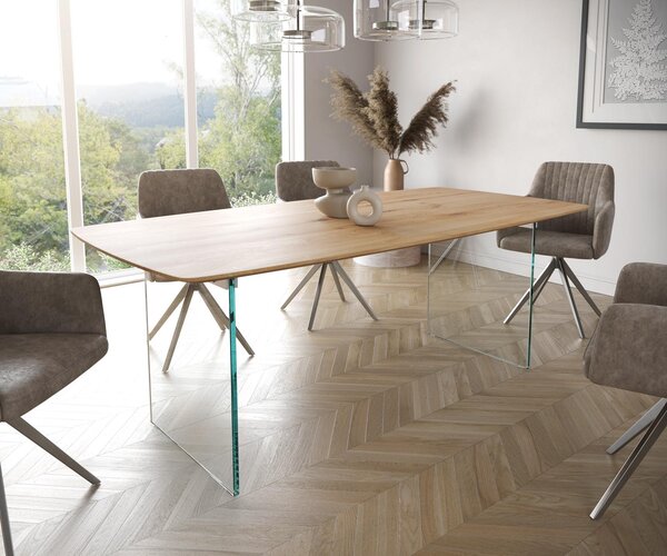 DELIFE Étkezőasztal Edge hajóformájú 200x100x2,5-3 cm tölgy természetes üveg svájci él