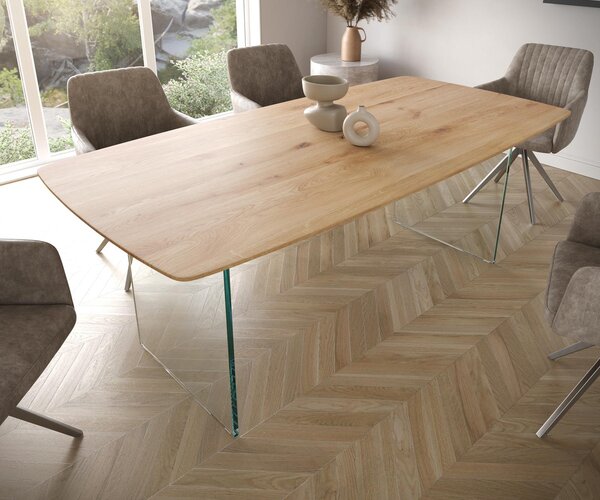 DELIFE Étkezőasztal Edge hajóformájú 200x100x2,5-3 cm tölgy természetes üveg svájci él