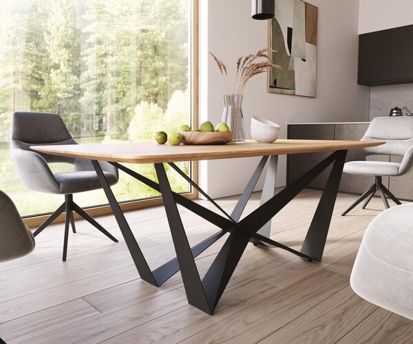 DELIFE Étkezőasztal Edge hajóformájú 200x100x2,5-3 tölgy természetes pókláb laposacél fekete svájci él