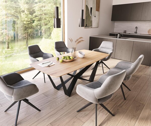 DELIFE Étkezőasztal Edge hajóformájú 200x100x2,5-3 tölgy természetes pókláb laposacél fekete svájci él