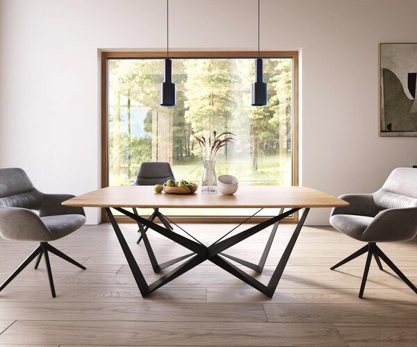 DELIFE Étkezőasztal Edge hajóformájú 200x100x2,5-3 tölgy természetes pókláb laposacél fekete svájci él