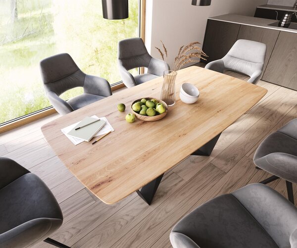 DELIFE Étkezőasztal Edge hajóformájú 200x100x2,5-3 tölgy természetes pókláb laposacél fekete svájci él