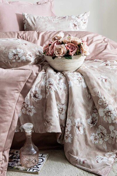 L'essential Maison Satin franciaágy paplanhuzat garnitúra, púderfehér barna Romantica