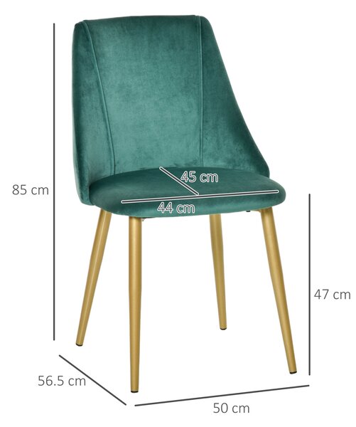 HOMCOM Modern és Kárpitozott Szék, 2 Darabos Szett Nappaliba, Étkezőbe, Konyhába vagy Étkezősarokba, 50x56,5x85 cm, Zöld