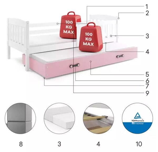 Cub kihúzható ifjúsági ágy 90x190 fiókkal, fehér/rózsaszín, fehér/rózsaszín
