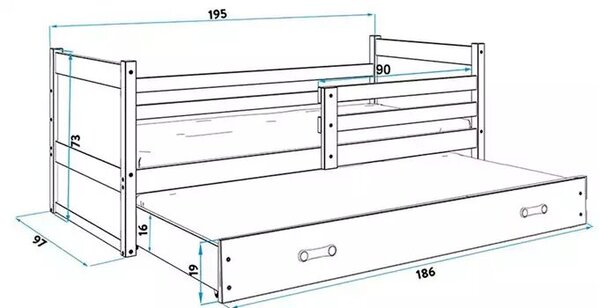 Kihúzható ifjúsági ágy rico 90x190 fiókkal, fehér/grafit