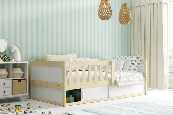 Egyszemélyes gyerekágy smart 2 80x160 matraccal és tárolóval, natúr fa