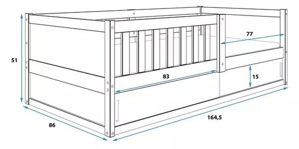 Egyszemélyes gyerekágy smart 2 80x160 matraccal és tárolóval, natúr fa