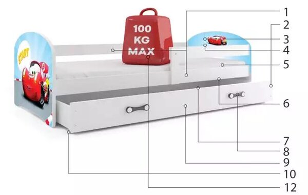 Gyermek tetőtéri ágykeret fehér matrica autós fiók fehér matracok nélkül 80 x 160 kpl