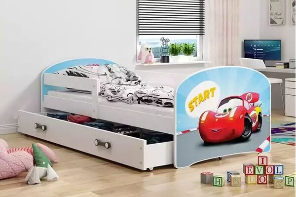 Gyermek tetőtéri ágykeret fehér matrica autós fiók fehér matracok nélkül 80 x 160 kpl