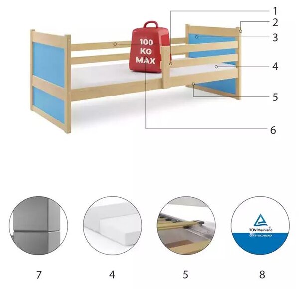 Egyszemélyes ifjúsági ágy rico 90x190, fenyő/kék