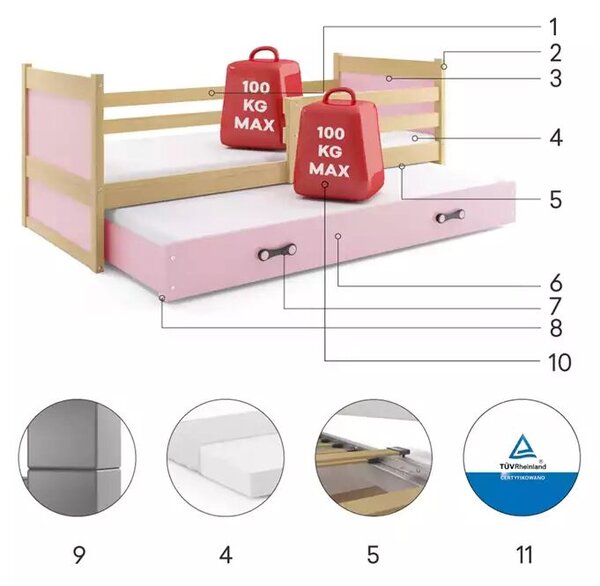 Kihúzható ifjúsági ágy rico 90x190 fiókkal, fenyő/rózsaszín