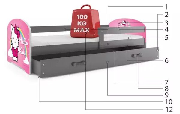 Gyermek ágy grafit keret hello kids matrica grafit fiókos matracok nélkül 80 x 160 kpl