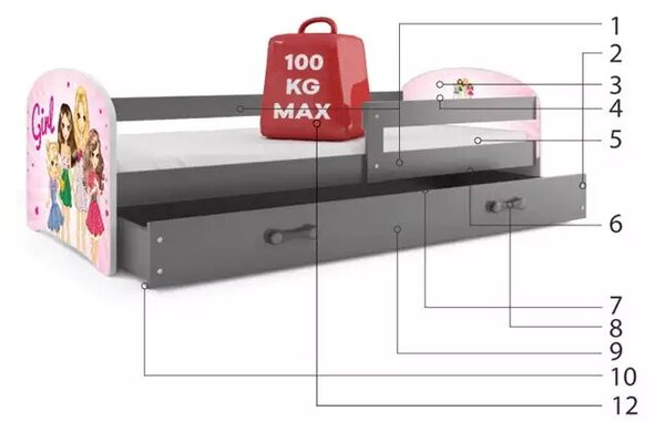 Gyermek tetőtéri ágykeret grafit matrica lányoknak fiók grafit 80 x 160 kpl