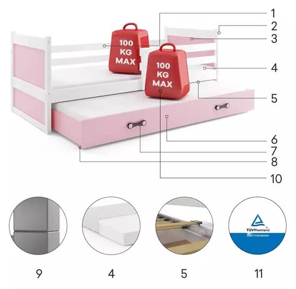 Kihúzható ifjúsági ágy rico 90x190 fiókkal, fehér/rózsaszín