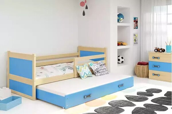 Kihúzható ifjúsági ágy rico 90x190 fiókkal, fenyő/kék