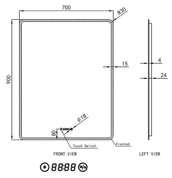 Welland Hugo LED tükör - fényerő + színhőfok állítás + páramentesítő + óra - 70 x 90 cm