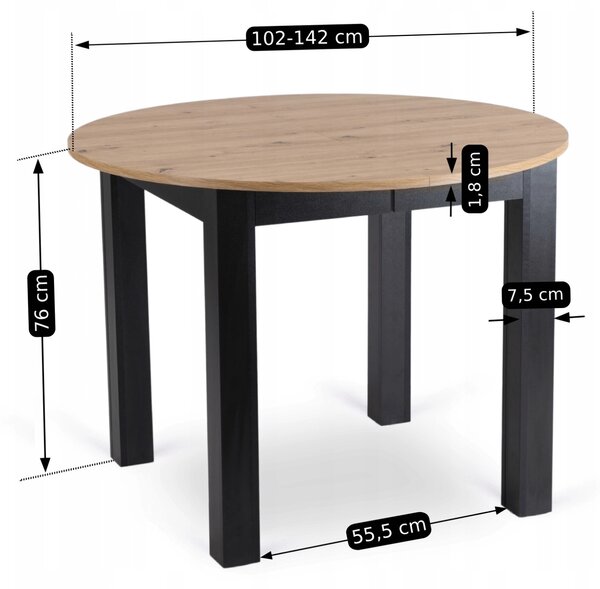 HARRY kihúzható kerek étkezőasztal 102-142 cm, artisan tölgy/fekete