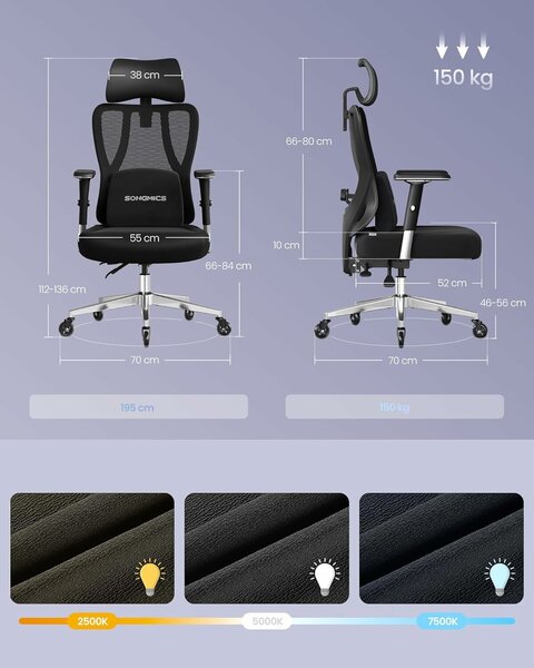 SONGMICS ergonomikus irodai szék, állítható deréktámasz, 2D fejtámla, 4D karfák, max 150 kg, 70x70x136 cm, fekete