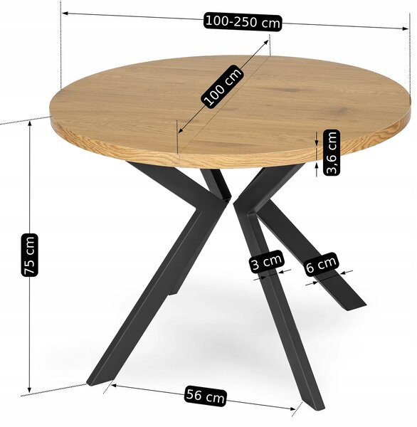LUKAS kihúzható kerek étkezőasztal 100-250 cm, arany tölgy/fekete