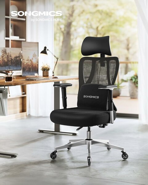 SONGMICS ergonomikus irodai szék, állítható deréktámasz, 2D fejtámla, 4D karfák, max 150 kg, 70x70x136 cm, fekete