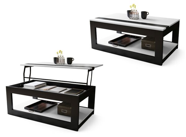 Mazzoni LUSSO Fehér Matt/Fekete Matt - MODERN DOHÁNYZÓASZTAL MEGEMELHETŐ ASZTALLAPPAL + TÁROLÓRÉSSZEL + POLCCAL (GÖRGŐS!)