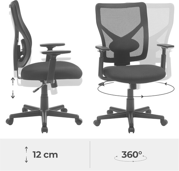 SONGMICS Ergonomikus hálós irodai szék, teljesen állítható, állítható karfával és deréktámasszal, 68x67x113 cm, fekete