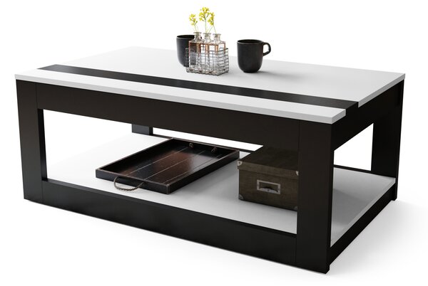 Mazzoni LUSSO Fehér Matt/Fekete Matt - MODERN DOHÁNYZÓASZTAL MEGEMELHETŐ ASZTALLAPPAL + TÁROLÓRÉSSZEL + POLCCAL (GÖRGŐS!)