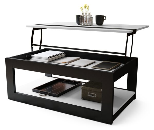Mazzoni LUSSO Fehér Matt/Fekete Matt - MODERN DOHÁNYZÓASZTAL MEGEMELHETŐ ASZTALLAPPAL + TÁROLÓRÉSSZEL + POLCCAL (GÖRGŐS!)