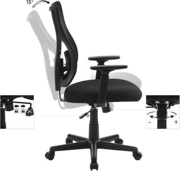 SONGMICS Ergonomikus hálós irodai szék, teljesen állítható, állítható karfával és deréktámasszal, 68x67x113 cm, fekete