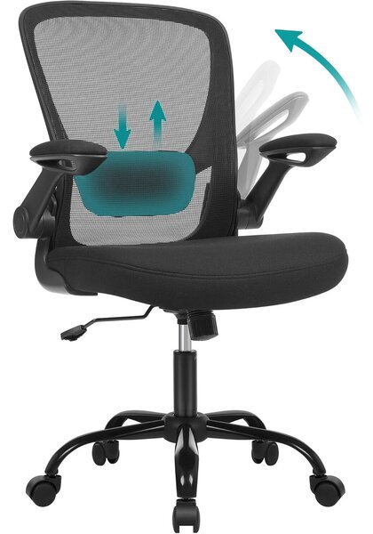 SONGMICS Ergonomikus hálós irodai szék, állítható deréktámasz, dönthető karfák, hintafunkció, 64x64x107 cm, fekete