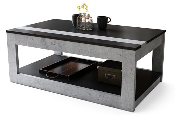 Mazzoni LUSSO Fekete Matt/Millenium Beton- MODERN DOHÁNYZÓASZTAL MEGEMELHETŐ ASZTALLAPPAL + TÁROLÓRÉSSZEL + POLCCAL (GÖRGŐS!)