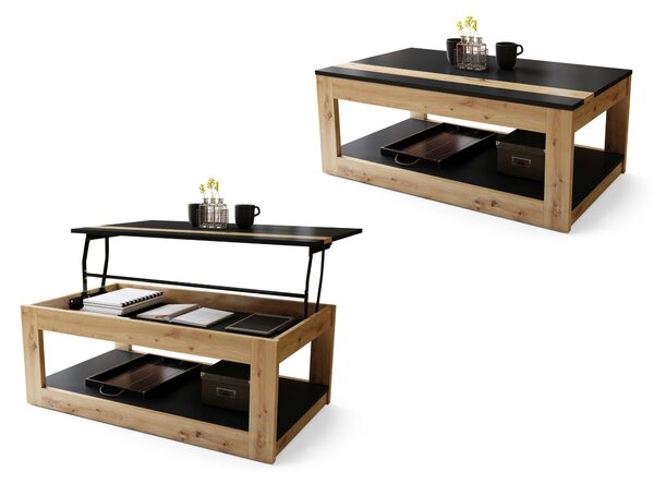 Mazzoni LUSSO Fekete Matt/Artisan Tölgy - MODERN DOHÁNYZÓASZTAL MEGEMELHETŐ ASZTALLAPPAL + TÁROLÓRÉSSZEL + POLCCAL (GÖRGŐS!)