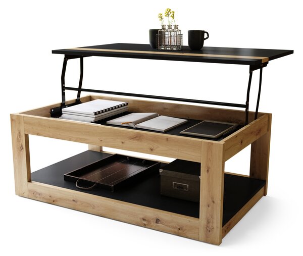 Mazzoni LUSSO Fekete Matt/Artisan Tölgy - MODERN DOHÁNYZÓASZTAL MEGEMELHETŐ ASZTALLAPPAL + TÁROLÓRÉSSZEL + POLCCAL (GÖRGŐS!)