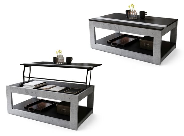 Mazzoni LUSSO Fekete Matt/Millenium Beton- MODERN DOHÁNYZÓASZTAL MEGEMELHETŐ ASZTALLAPPAL + TÁROLÓRÉSSZEL + POLCCAL (GÖRGŐS!)