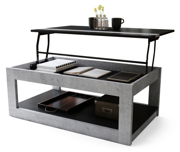 Mazzoni LUSSO Fekete Matt/Millenium Beton- MODERN DOHÁNYZÓASZTAL MEGEMELHETŐ ASZTALLAPPAL + TÁROLÓRÉSSZEL + POLCCAL (GÖRGŐS!)