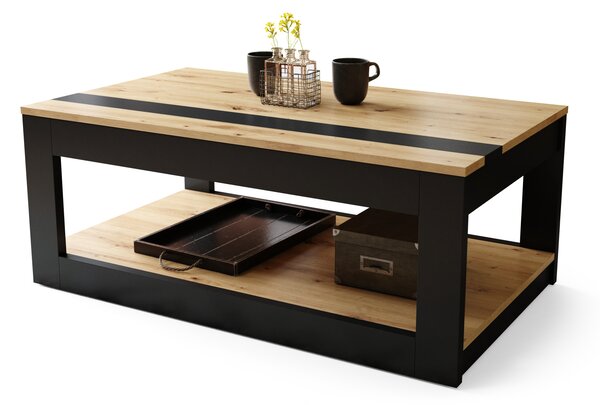 Mazzoni LUSSO Artisan Tölgy/Fekete Matt - MODERN DOHÁNYZÓASZTAL MEGEMELHETŐ ASZTALLAPPAL + TÁROLÓRÉSSZEL + POLCCAL (GÖRGŐS!)