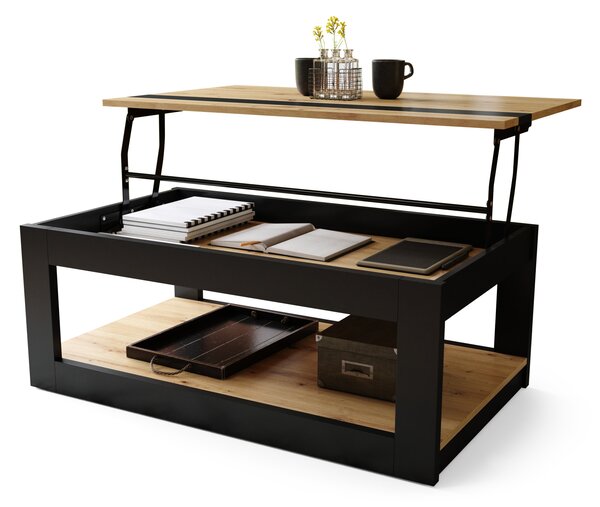 Mazzoni LUSSO Artisan Tölgy/Fekete Matt - MODERN DOHÁNYZÓASZTAL MEGEMELHETŐ ASZTALLAPPAL + TÁROLÓRÉSSZEL + POLCCAL (GÖRGŐS!)