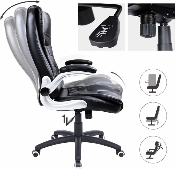 SONGMICS ergonomikus irodai szék támaszokkal, magas háttámlával, lehajtható karfákkal, max. 150 kg, 76x70x(111-121) cm, fekete
