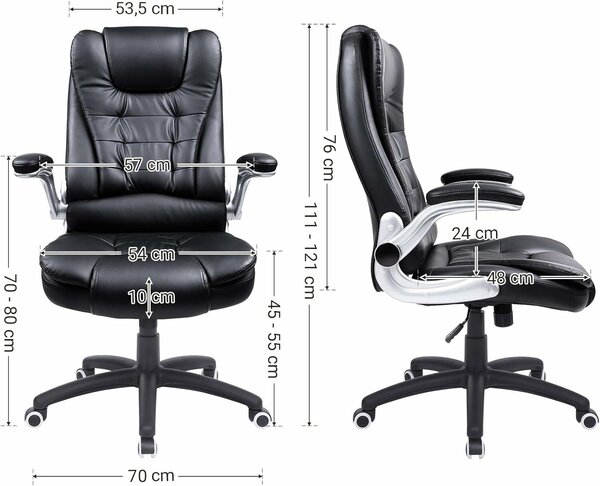 SONGMICS ergonomikus irodai szék támaszokkal, magas háttámlával, lehajtható karfákkal, max. 150 kg, 76x70x(111-121) cm, fekete